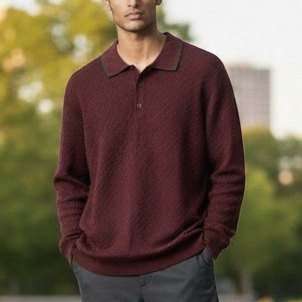 Apt. 9 Sweater Polo Mens XL Tall Casual Burgundy NWT Merino Blend Basketweave LS